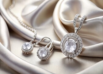 Elegant White Gold Jewelry on Soft Fabric Background Showcasing Luxury and Sophistication