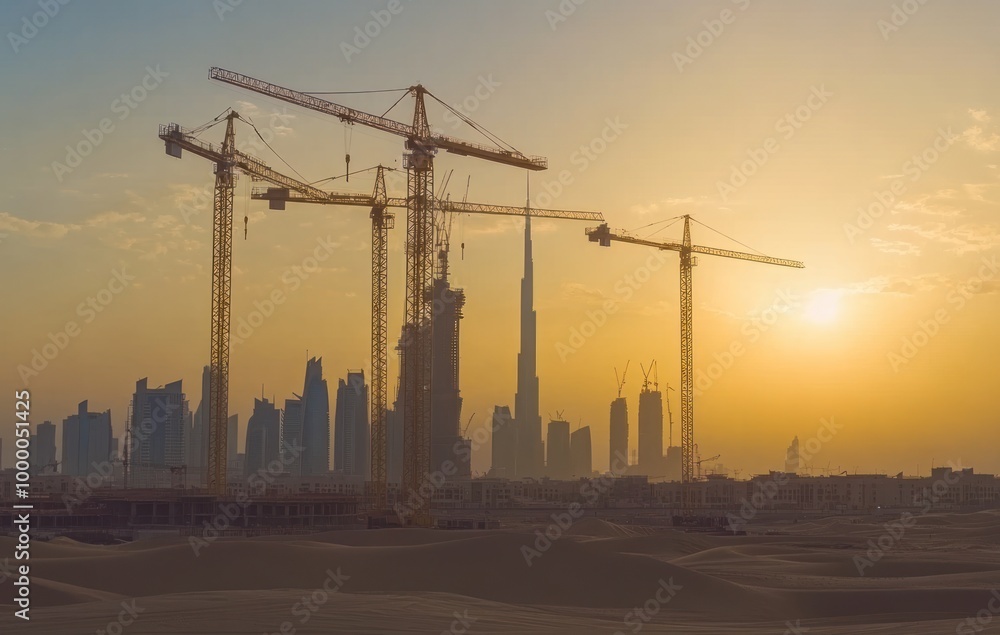 Poster Construction cranes silhouetted against a sunset skyline with modern buildings in the background.