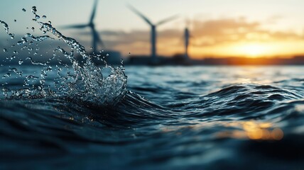 Wave energy generators emerging from the ocean under a dramatic sunset, ocean energy, innovative clean energy sources