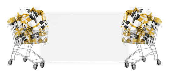 Black Friday Shopping trolley filled with gift boxes adorned with golden ribbons bows, isolated with blank poster with copy space. Banner for sales promotion, online shopping, or special offer