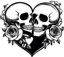 Vintage skull heart illustration featuring skeleton vector designs as a symbol of death; a graphic couple in romantic style perfect for Halloween tattoo art. Skulls within the heart for print.
