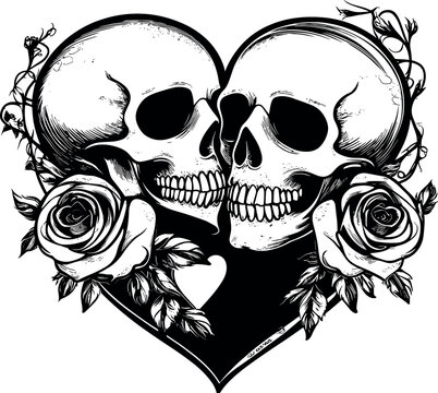 Vintage skull heart illustration featuring skeleton vector designs as a symbol of death; a graphic couple in romantic style perfect for Halloween tattoo art. Skulls within the heart for print.