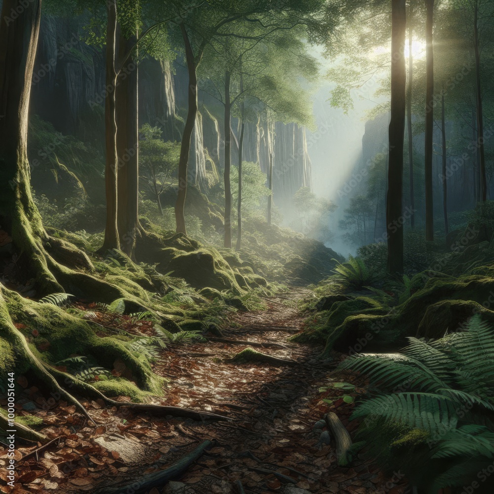 Poster a tranquil forest scene with a winding path surrounded by lush greenery and tall trees. sunlight fil