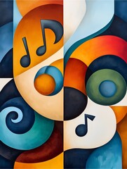 A vibrant abstract composition featuring musical notes and colorful swirls, blending geometric shapes and contrasting colors to create movement and rhythm.