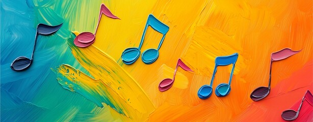 Colorful musical notes overlay a vibrant, abstract background, creating a lively artistic representation of music and creativity.