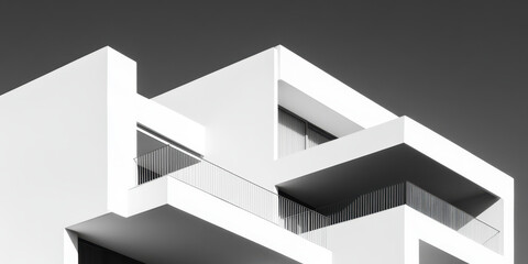 Modern architecture with minimalist white geometric building design against a dramatic sky