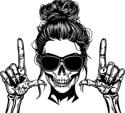 Women with Messy Bun Messy Bun Bandana Clipart mom life Woman&rsquo;s face. Illustration of a female mom skeleton head. Skull Daughter Head design on a white background.