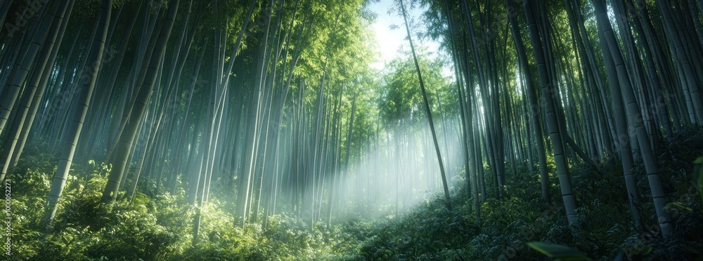 Poster a serene bamboo forest with sunlight filtering through the leaves.