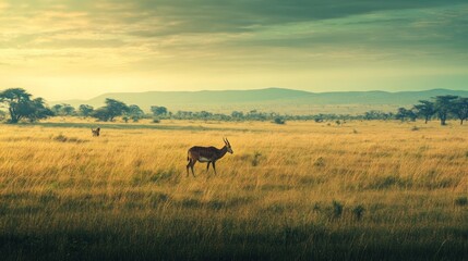 A serene landscape featuring a lone antelope grazing in a vast grassy plain at sunset.