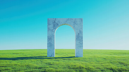 Marble arch on vibrant green grass with clear blue sky ambiance