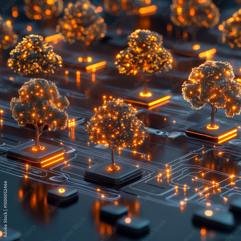 Poster futuristic glowing trees on digital platform symbolize growth and innovation in technology. this vib