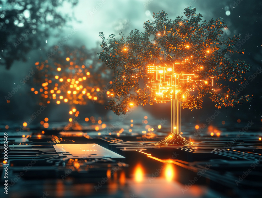 Poster a glowing tree with circuit like patterns symbolizes fusion of nature and technology, representing g