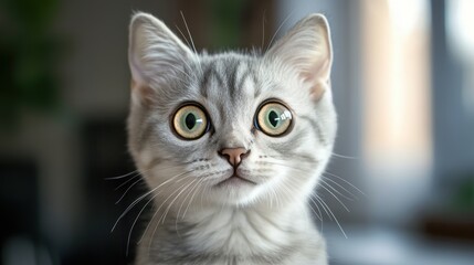 Fototapeta premium surprised cat make big eyes. American shorthair surprised cat or kitten funny face big eyes, cute, domestic, kitten, feline, Emotional surprised, kitty, wow.