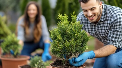 A man and a woman are happily planting small shrubs in garden pots. They are working together in a vibrant garden full of various plants, wearing gloves and enjoying the sunny weather