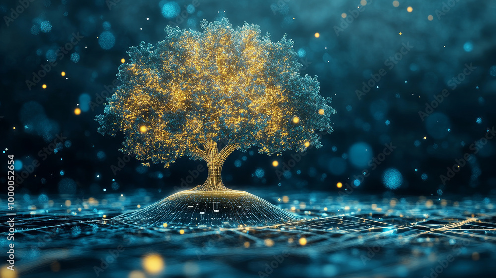 Poster a digital tree grows from tech platform, symbolizing growth and innovation in futuristic landscape. 