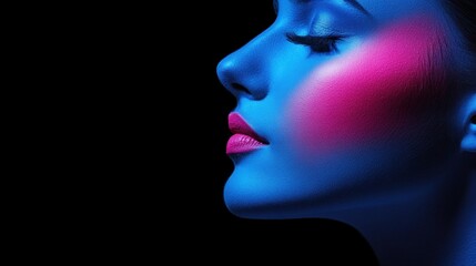 A woman poses gracefully with striking blue and pink makeup accentuating her facial contours and expression, creating a captivating contrast in the dark background