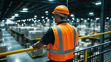 A warehouse supervisor overseeing operations on a mezzanine level, looking out over the bustling activities below, emphasizing management