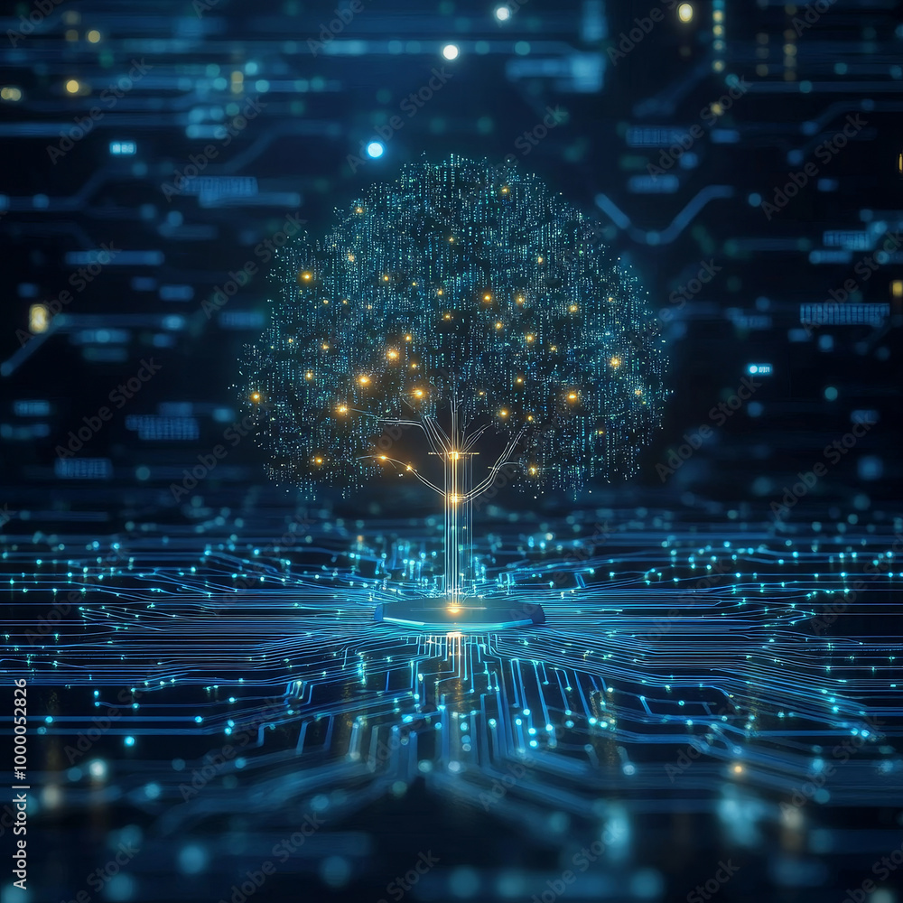 Poster a futuristic digital tree glowing on tech board symbolizes growth and innovation in technology. this