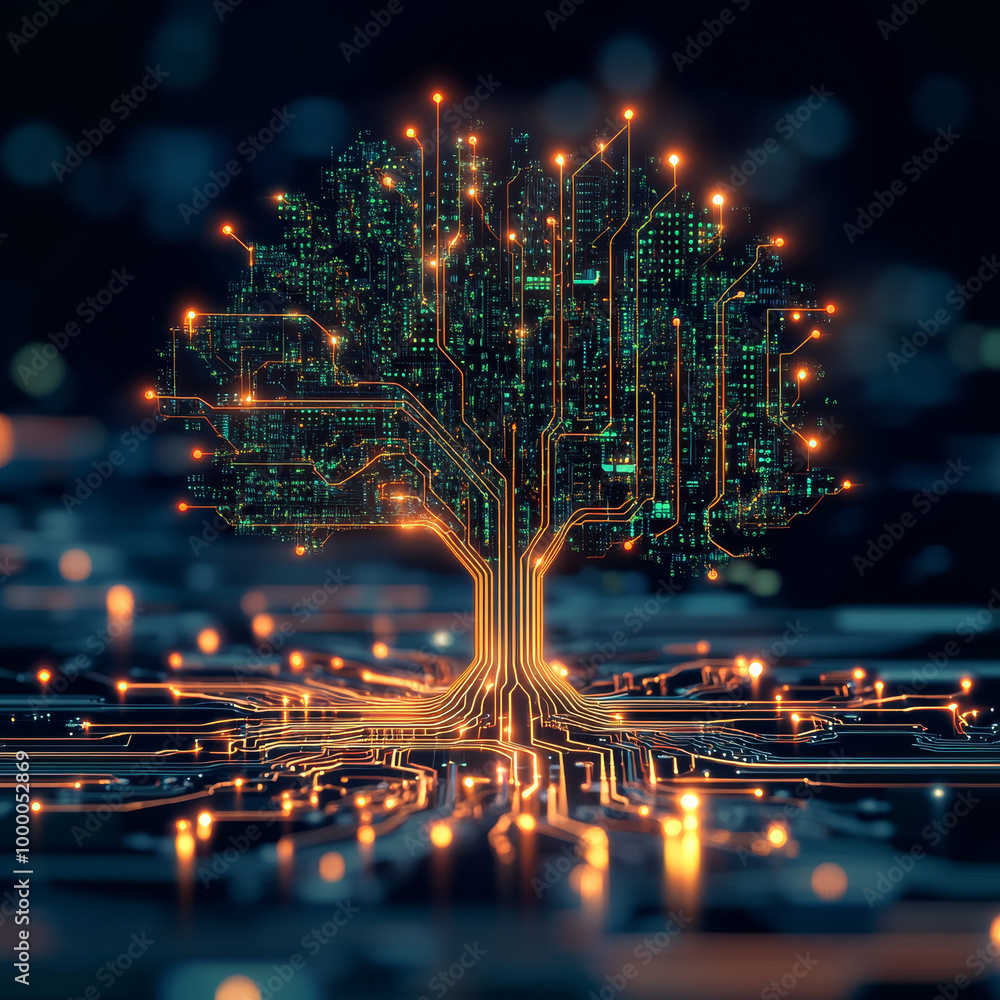 Poster a futuristic tree design with glowing circuits symbolizes connection between nature and technology, 