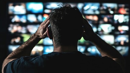 A man with short hair stands in front of numerous illuminated screens, holding his head in frustration as he navigates through the barrage of clips and images displayed before him