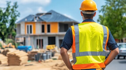 A construction worker stands with hands on hips, observing the ongoing construction of a house. The sunny day highlights the organized materials and equipment around the site