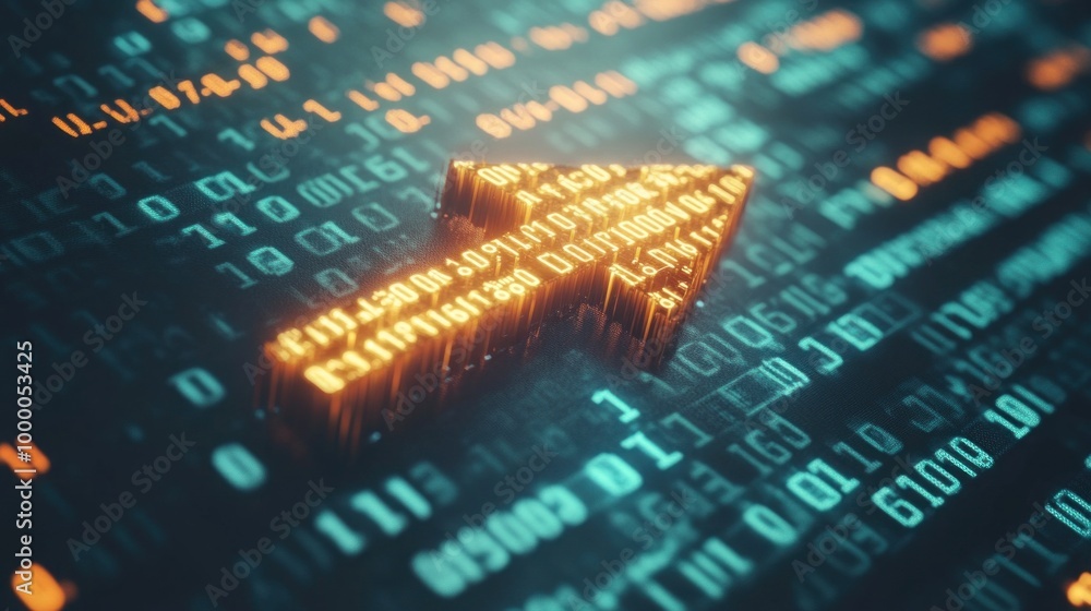 Poster a glowing arrow made of binary digits emerges from a sea of code, symbolizing the swift movement of 