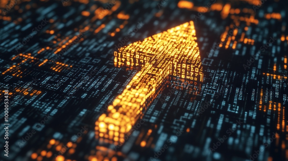 Poster a bright orange arrow composed of binary digits is prominently displayed against a dark background f