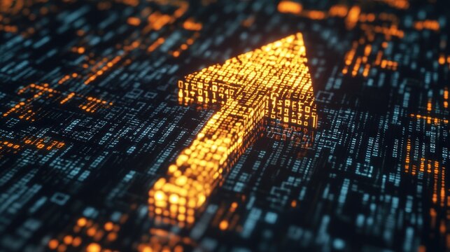 A bright orange arrow composed of binary digits is prominently displayed against a dark background filled with vibrant data patterns, symbolizing progress and technology
