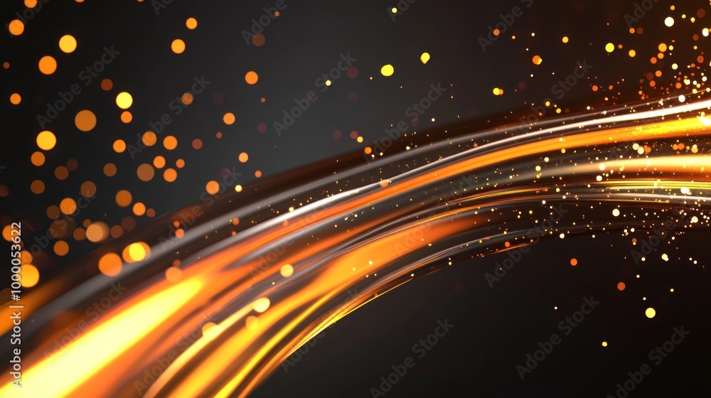 Poster colorful flowing lines intertwine with sparkling particles against a dark backdrop, creating a vibra
