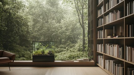 A minimalist home library, where the glass box featuring a dense forest is displayed on a wooden shelf, adding a calming element to the book-filled room