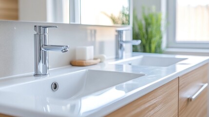 Fototapeta premium A clean and contemporary bathroom features two sleek sinks with chrome faucets, illuminated by natural light streaming through a window, enhancing the spacious feel