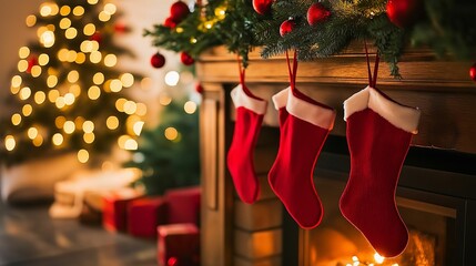 Red Christmas stockings hanging by fireplace, cozy holiday decor