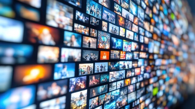 This captivating visual features numerous screens showcasing diverse images that illustrate various subjects and events in a contemporary setting