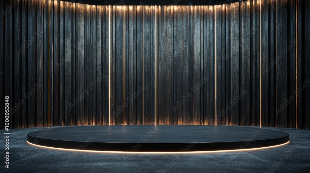 Poster a circular stage is set against a textured black backdrop with vertical lines of warm light, creatin