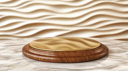 Obraz premium A refined wooden podium features a shining gold surface, positioned against a stylish wavy textured backdrop. The warm lighting accentuates the luxurious design and craftsmanship