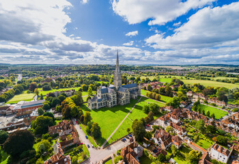 Aerial view of Salisbury Cathedral and surroundings in late summer.	