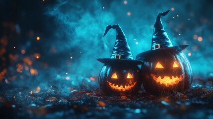 Fototapeta premium Glowing Jack-o'-Lanterns with Witch Hats in a Spooky Halloween Forest