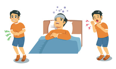 illustrasion set of cough kid, fever kid, and stomachache kid, vector file with separated layer