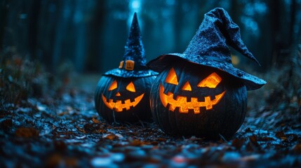 Naklejka premium Glowing Jack-o'-Lanterns with Witch Hats in a Spooky Halloween Forest
