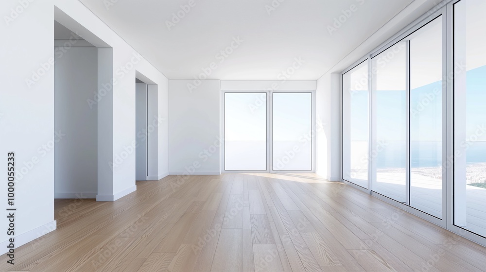 Poster a spacious, vacant interior features expansive windows that allow natural light to flood the room. t