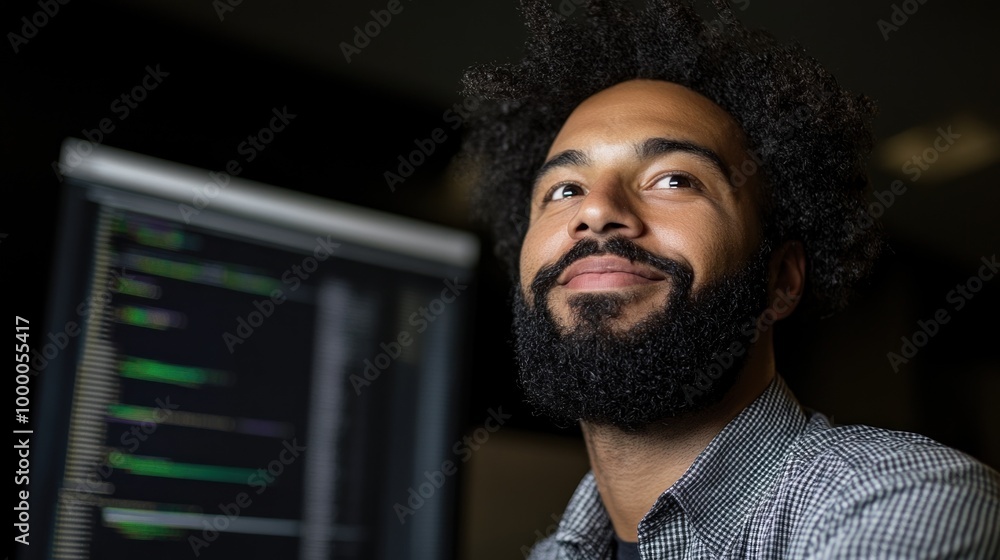 Poster a young man with a full beard and curly hair enjoys a moment of satisfaction while looking at a comp