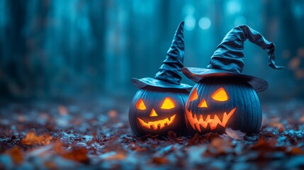 Naklejka premium Glowing Jack-o'-Lanterns with Witch Hats in a Spooky Halloween Forest