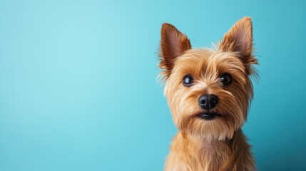 A close-up of a small, fluffy dog with perked ears against a blue background.