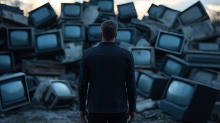 Fototapeta premium In an evocative moment, an individual gazes at a towering pile of discarded television sets, lost in thought as the sun sets, reflecting on technology’s evolution and cultural shifts