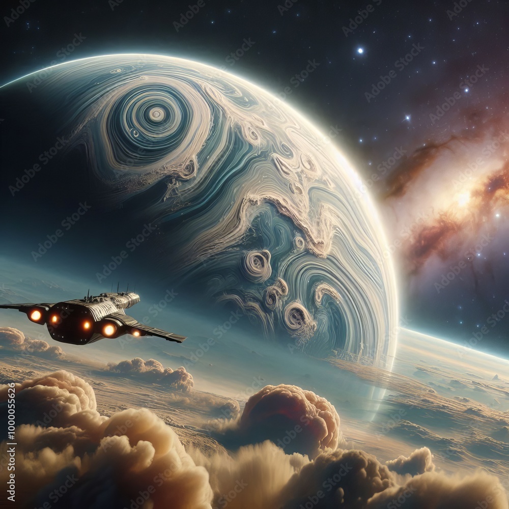 Poster a spaceship gliding through the clouds of deep space, heading toward a massive swirling gas giant. t