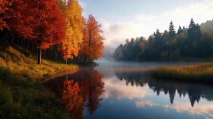 Vibrant autumn trees in shades of red and yellow reflect on a calm lake at dawn, surrounded by mist and lush greenery of a peaceful forest