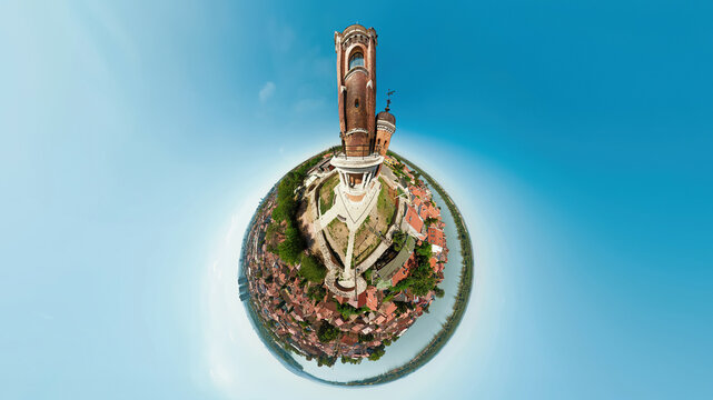 Gardos Tower in Belgrade tiny planet is revolving around the gardos tower in zemun, belgrade, serbia. The river danube is flowing on the right side of the image