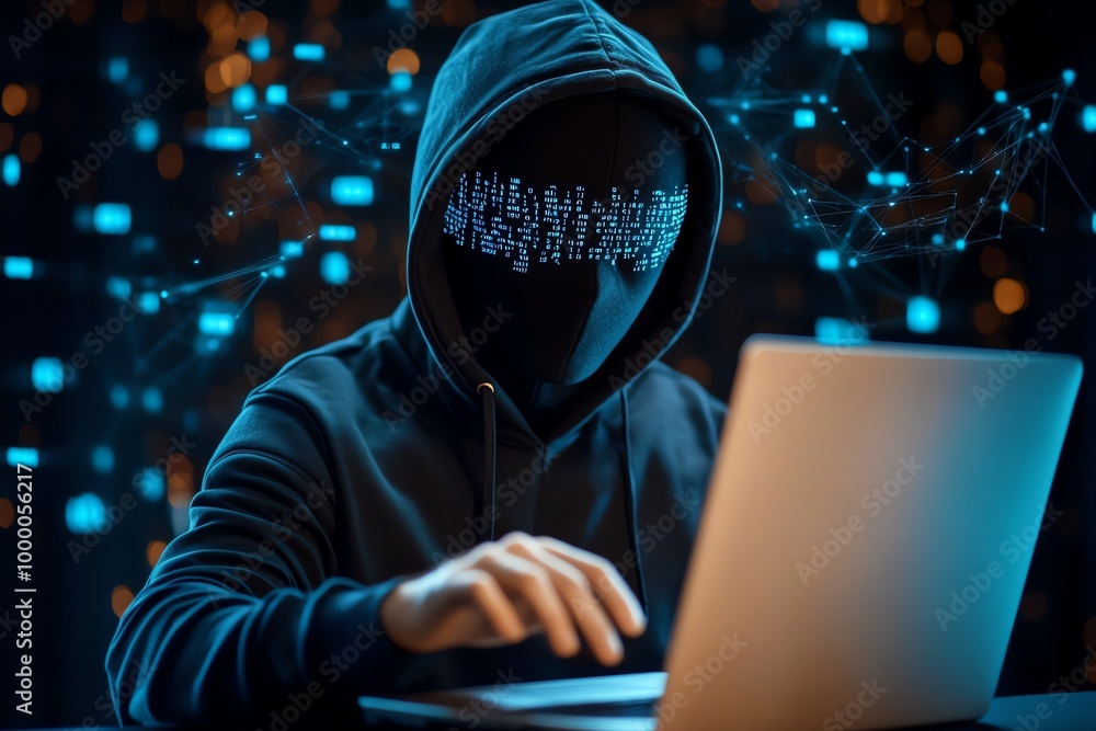 Aufkleber Anonymous hacker behind a mask, with a laptop in front of them, surrounded by floating lines of code and digital data streams, creating a sense of mystery and intrigue