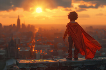 Fototapeta premium A young child stands boldly on a rooftop, dressed as a superhero in a vibrant cape. The stunning sunset casts a warm glow over the city skyline, inspiring dreams of adventure and bravery