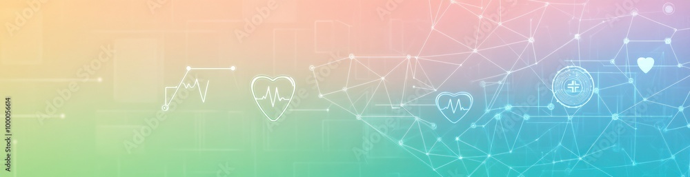 Poster abstract graphic illustrating health and technology concepts with icons and a gradient background.